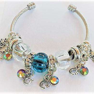 Crescent Moon Star Euro Cuff Bangle, Silver