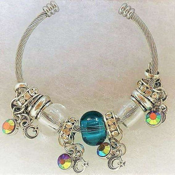 Crescent Moon Star Euro Cuff Bangle, Silver