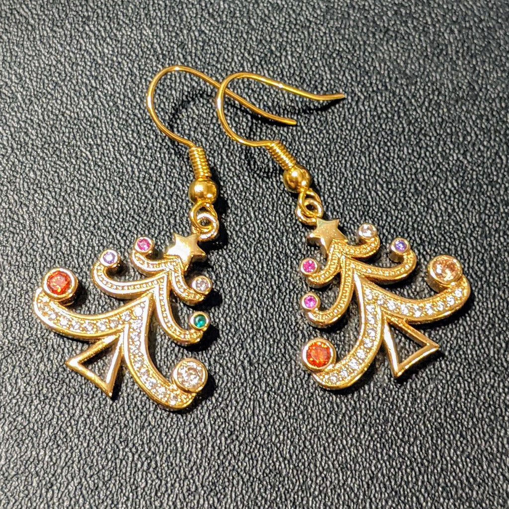 Rhinestone Christmas Tree dangle earrings Gold