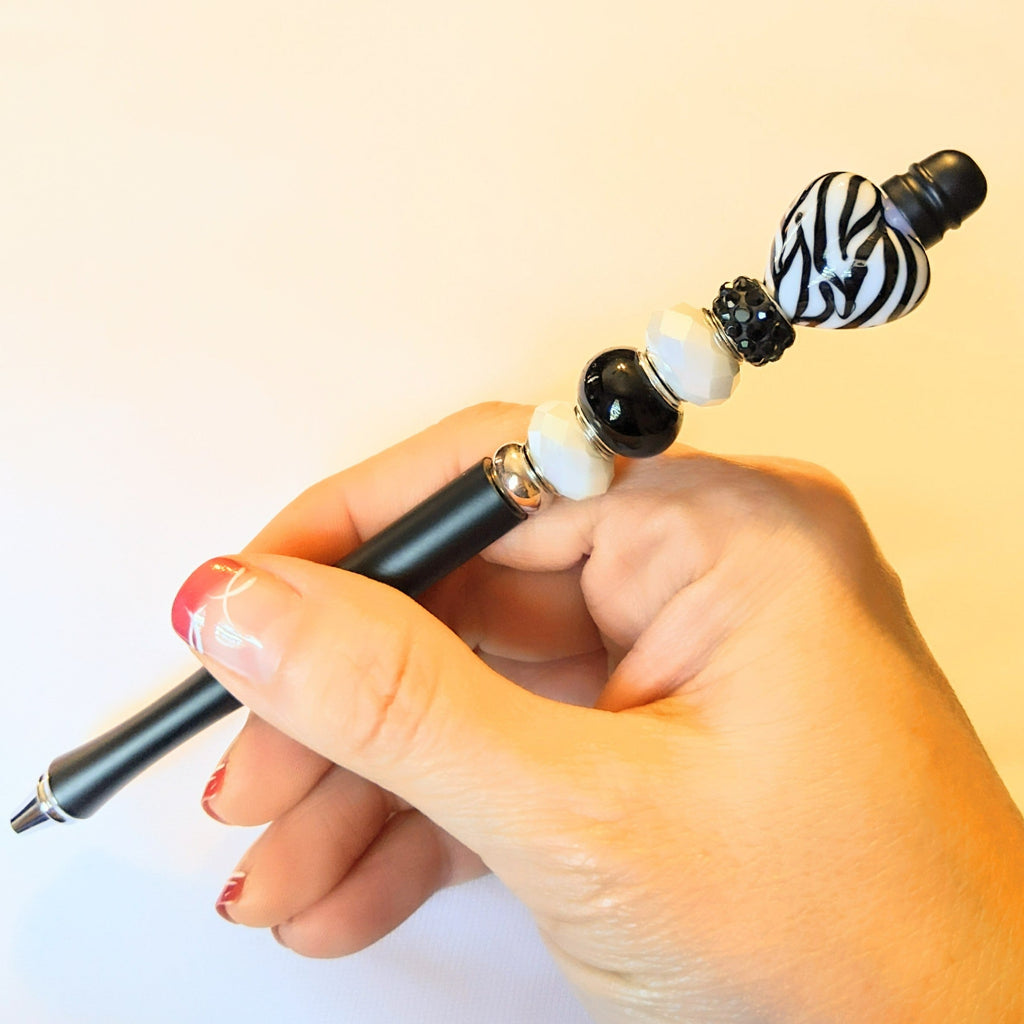 Crystal Gift Pen, Charmed Gift Pen, Crystal Pen, Beaded Pen,Gift for her Zebra Puffy Heart