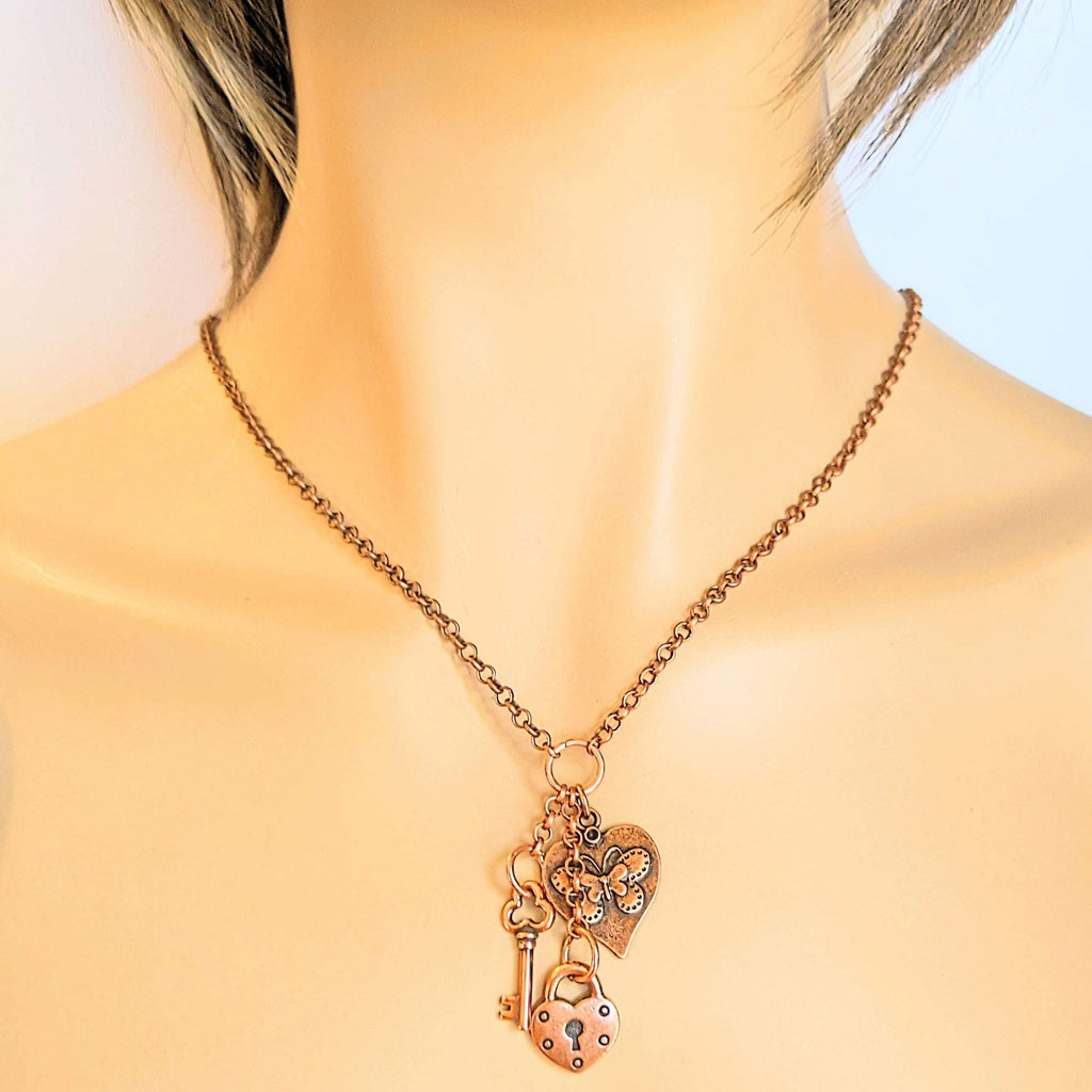Heart Lock & Key Copper Charm Keeper Necklace, 18-24 inch