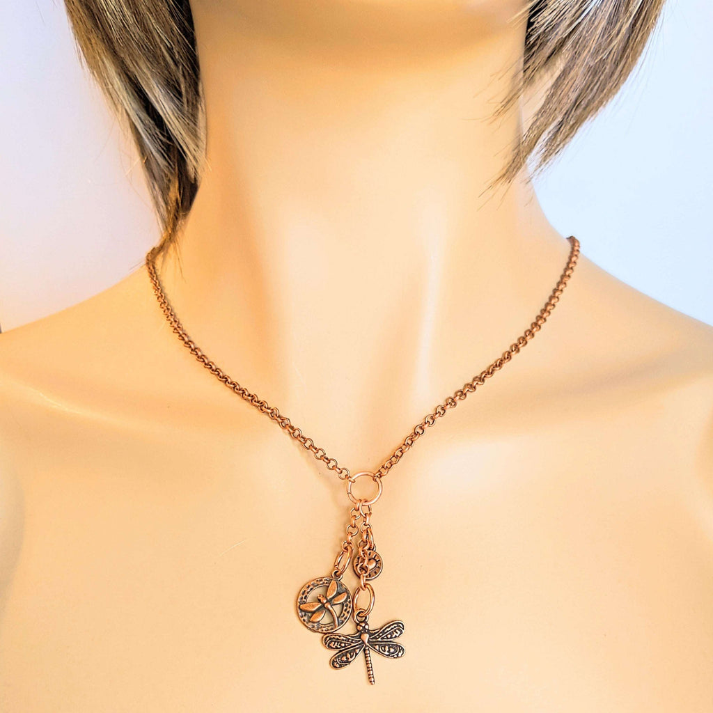 Dragonfly Copper charm cluster lariat necklace, 18-24 inch
