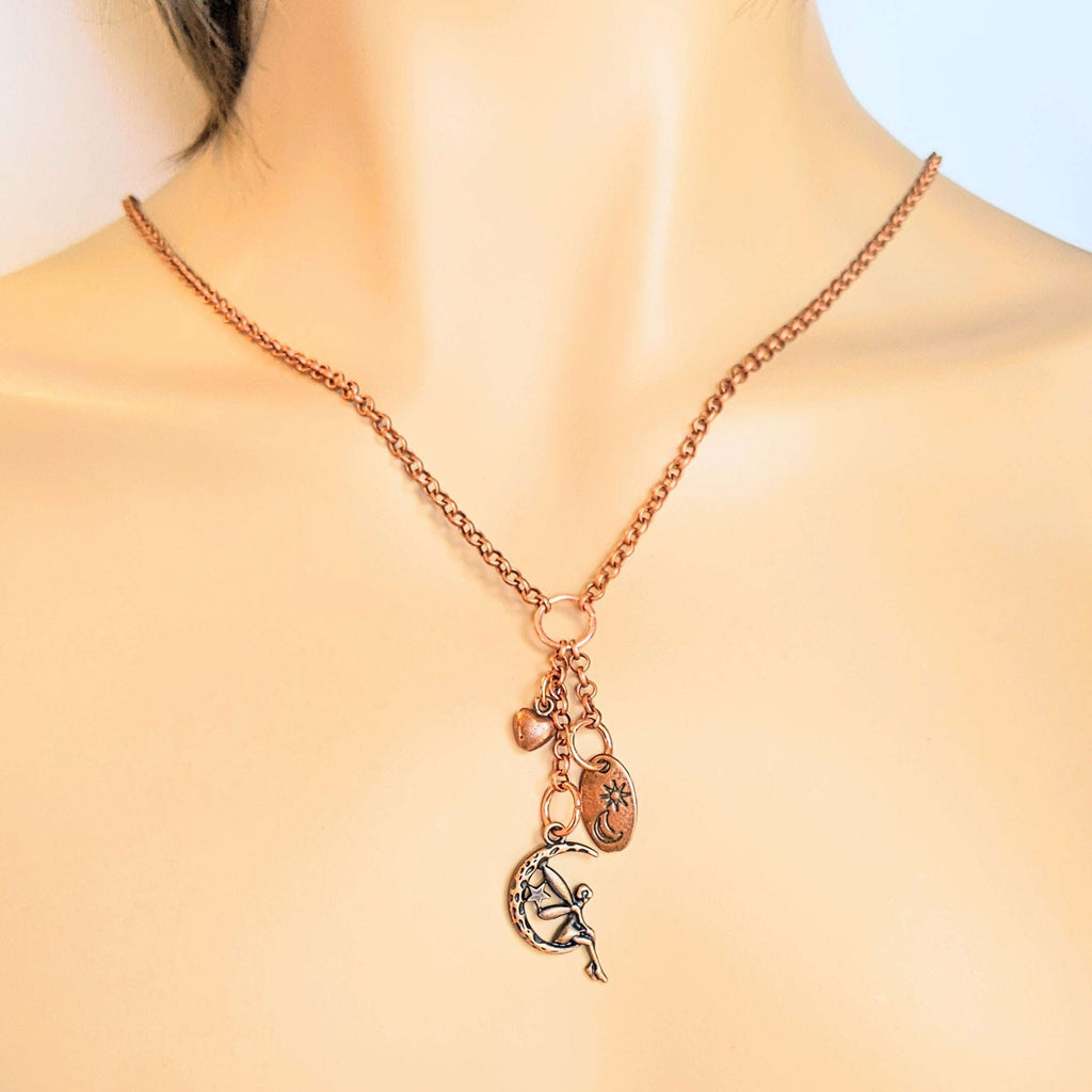 Fairy Moon Copper charm cluster lariat necklace, 18-24 inch