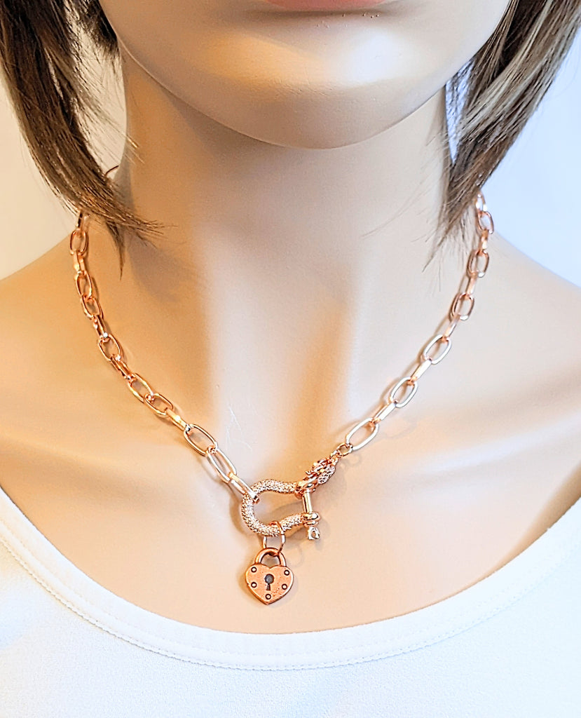 Rose-Gold Pave Shackle Heart Lock Necklace, 18-24 inches