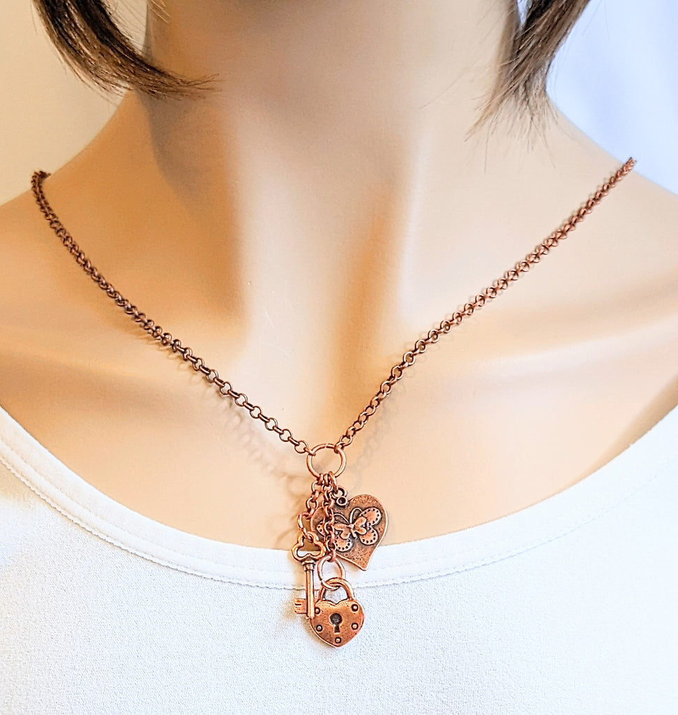 Heart Lock & Key Copper charm cluster lariat necklace, 18-24 inch