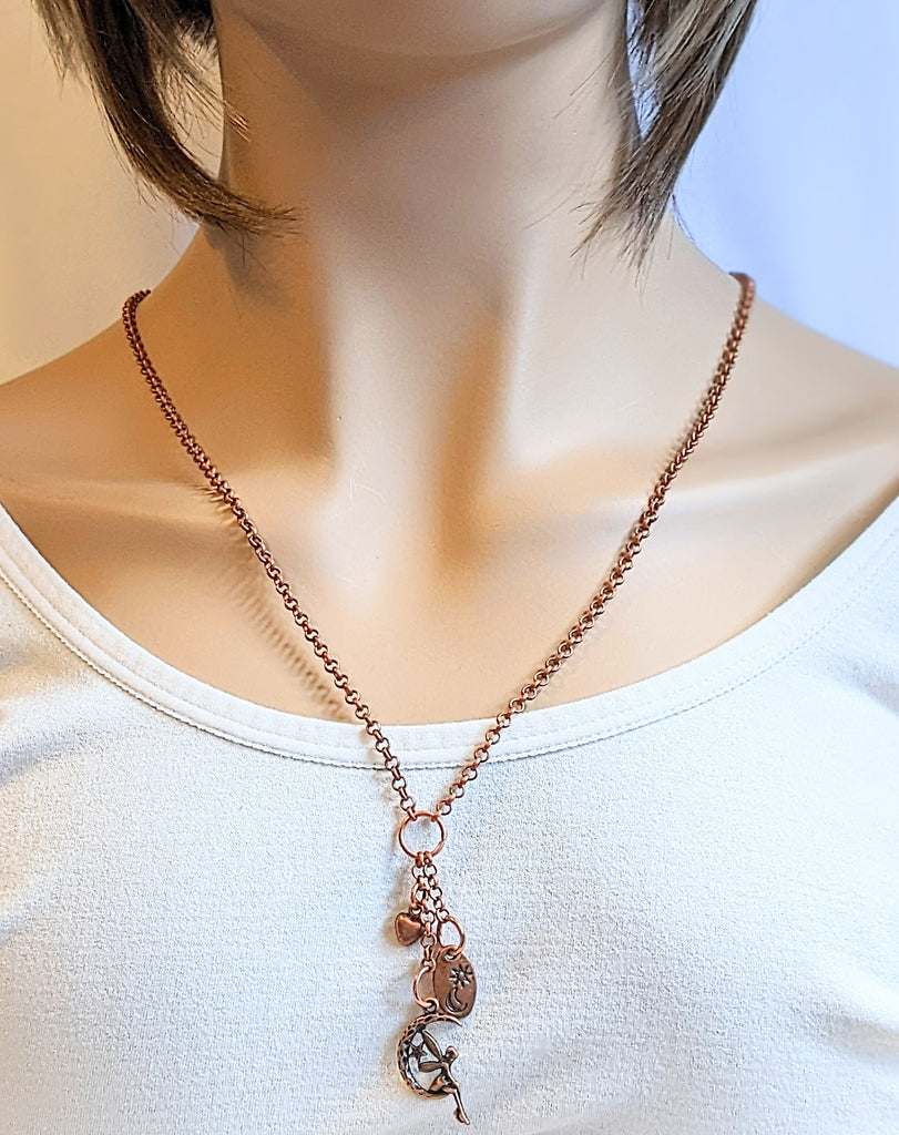Fairy Moon Copper charm cluster lariat necklace, 18-24 inch