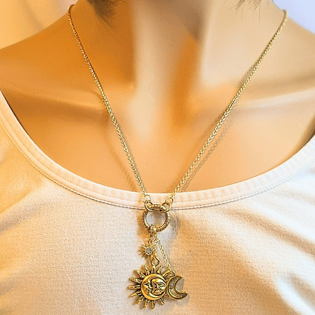 Gold Celestial Sun Moon Charm Keeper Necklace, 18 - 24 inches