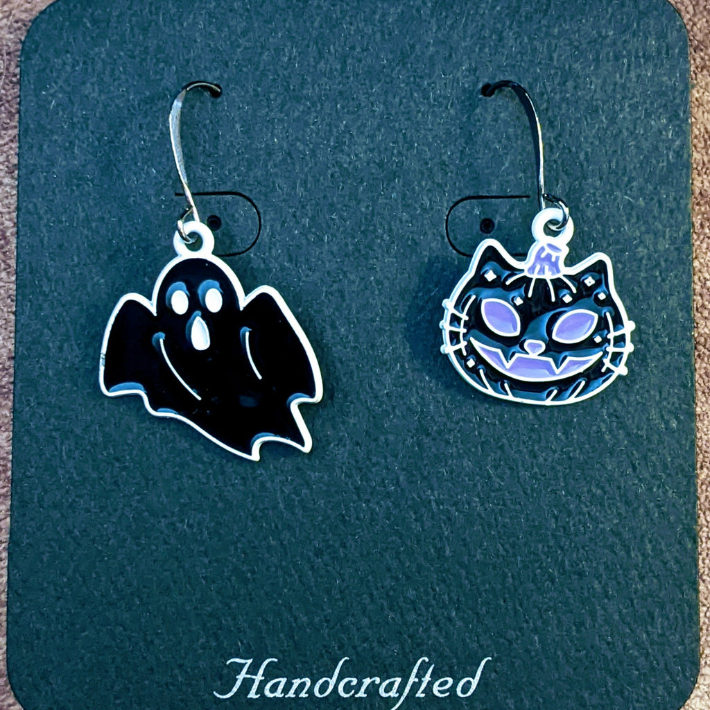 Mismatched Ghost/Cat Halloween Earrings VIII