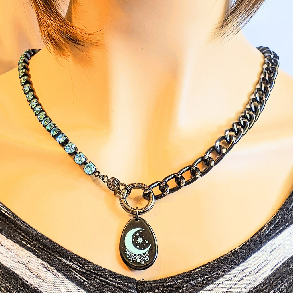 Black and Crystal Crescent Moon Snap Ring Necklace - 24 inch