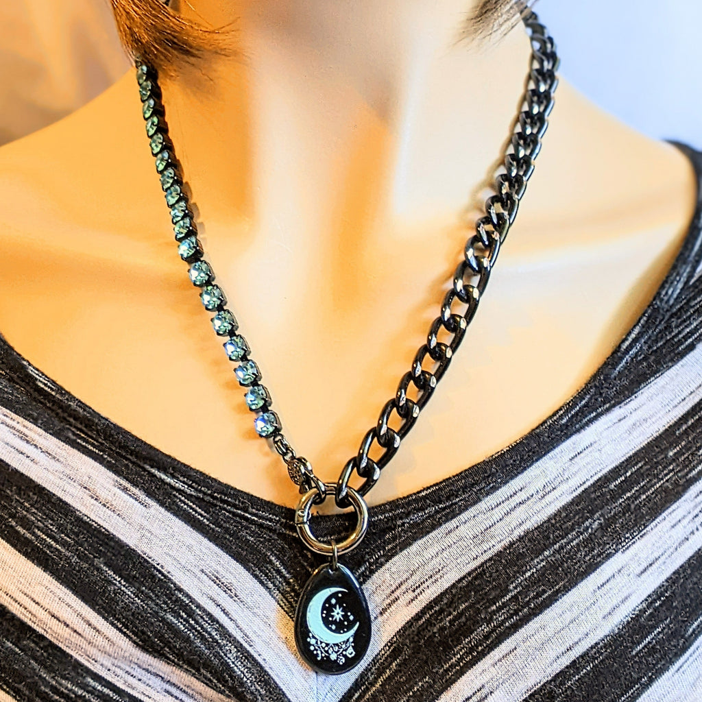 Black and Crystal Crescent Moon Snap Ring Necklace - 24 inch