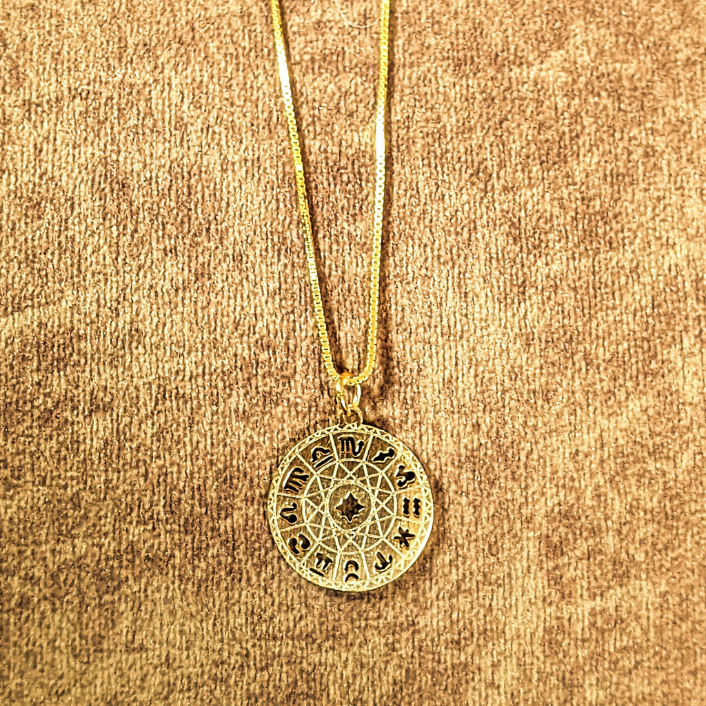 Gold Zodiac Wheel Chart necklace, adjustable up to 24 inches