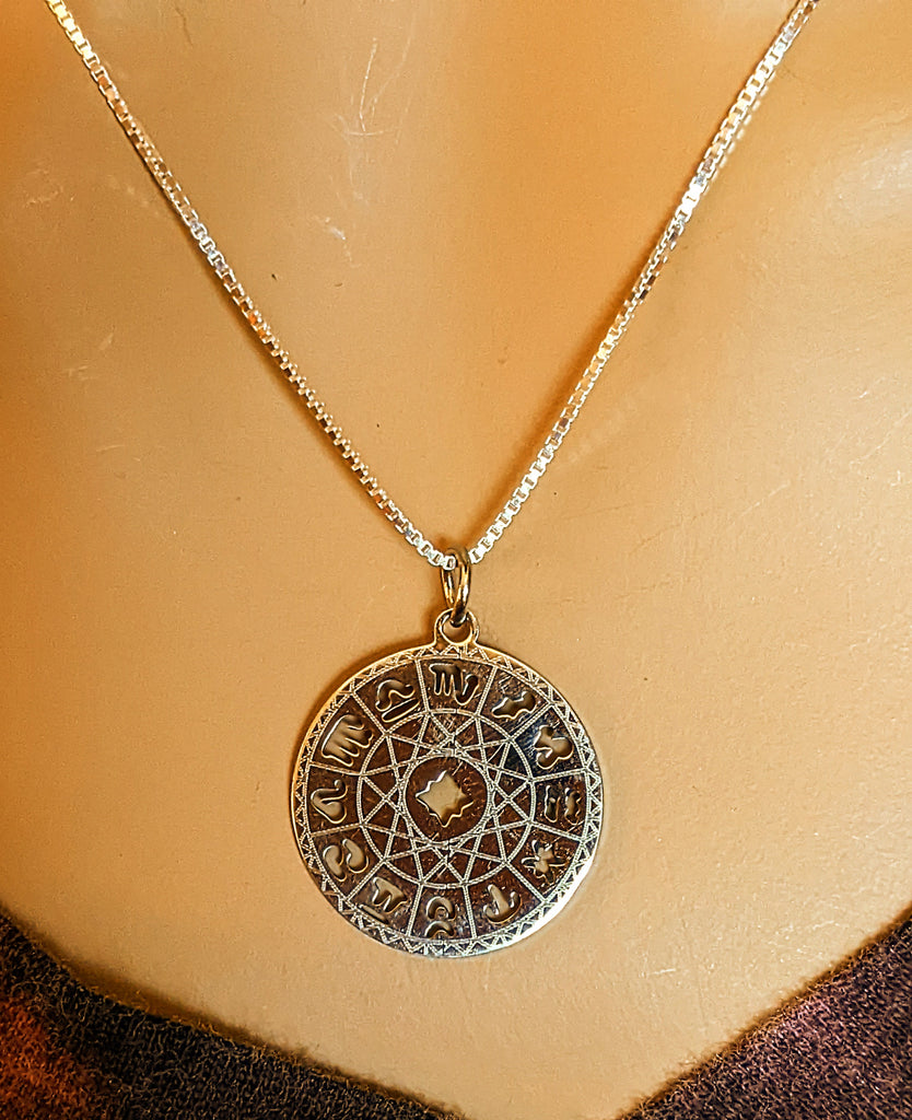 Silver Zodiac Wheel Chart Necklace, adjustable up to 24 inches
