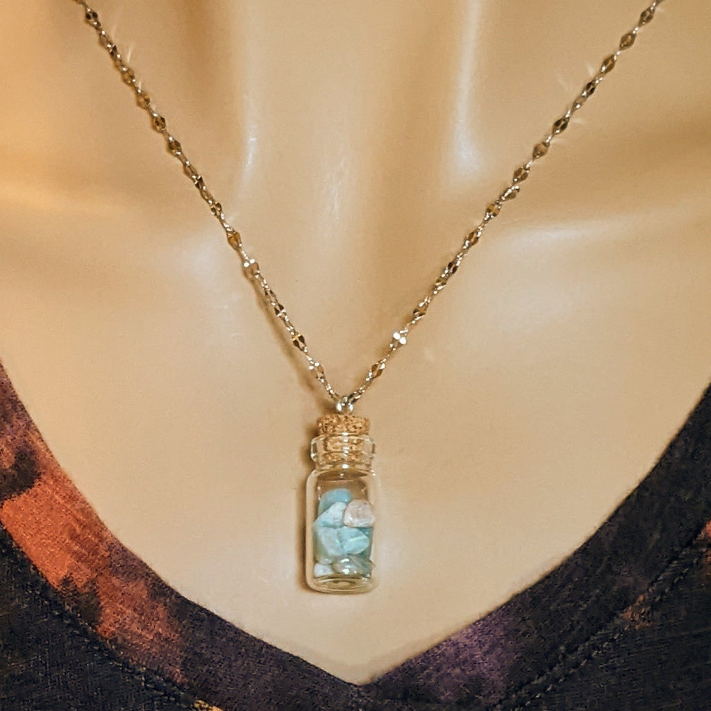 Amazonite Gemstone Bottle Necklace, 20 or 24 inch, Silver/Gold