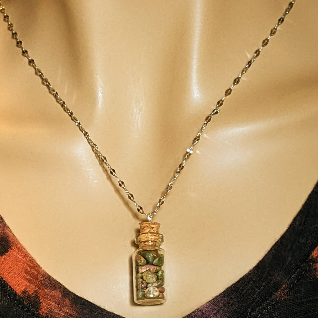 Unakite Gemstone Bottle Necklace, 20 or 24 inch, Silver/Gold