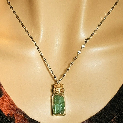Adventurine Gemstone Bottle Necklace, 20 or 24 inch, Silver/Gold
