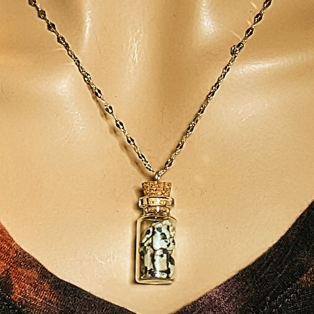 Dalmation Jasper Gemstone Bottle Necklace, 20 or 24 inch, Silver/Gold