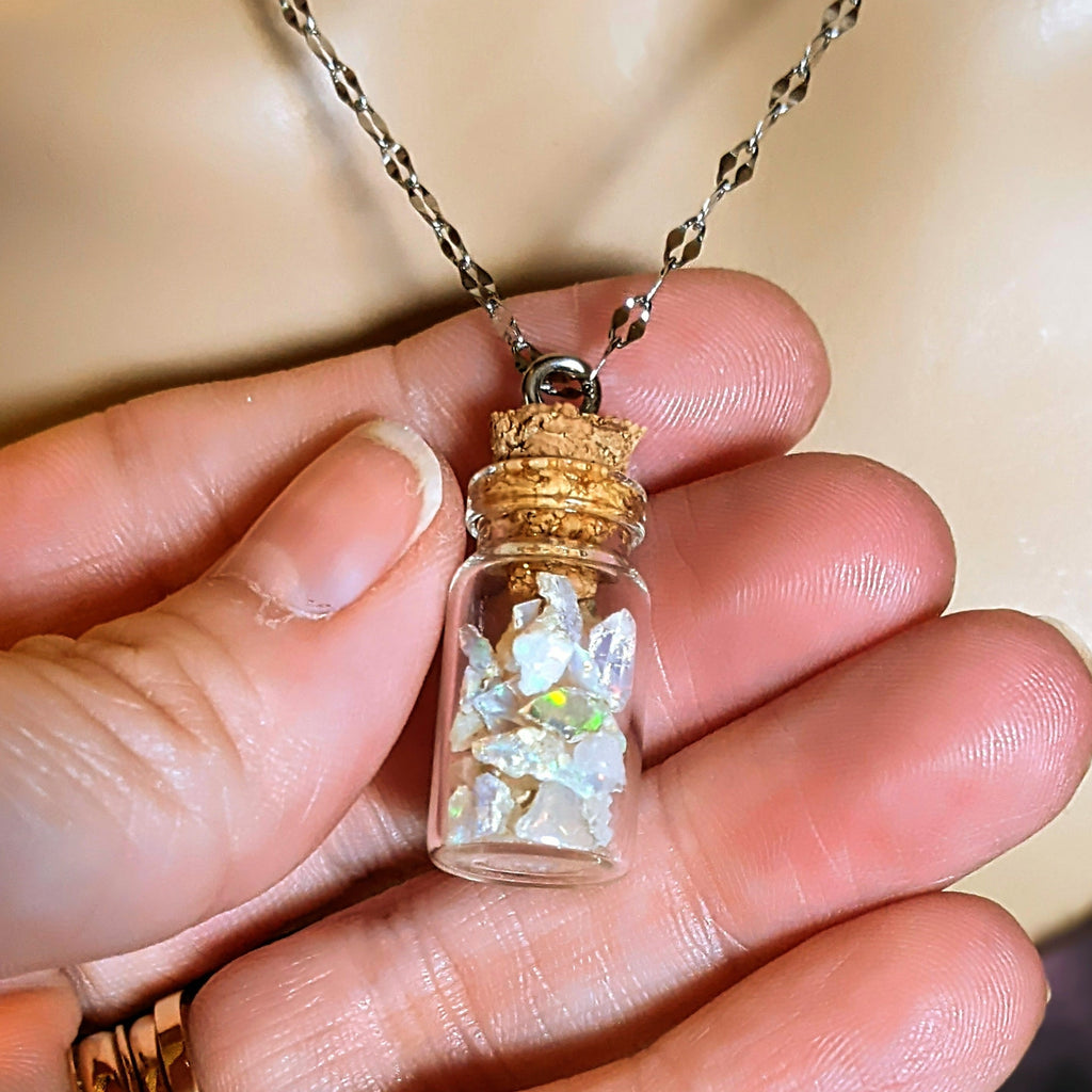 Opal Gemstone Libra Bottle Necklace, 20 or 24 inch, Silver/Gold 24 inch Silver
