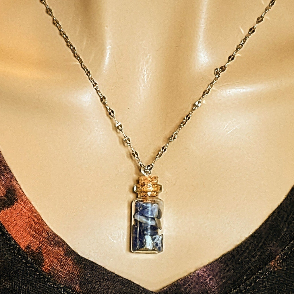 Sodalite Gemstone Bottle Necklace, 20 or 24 inch, Silver/Gold