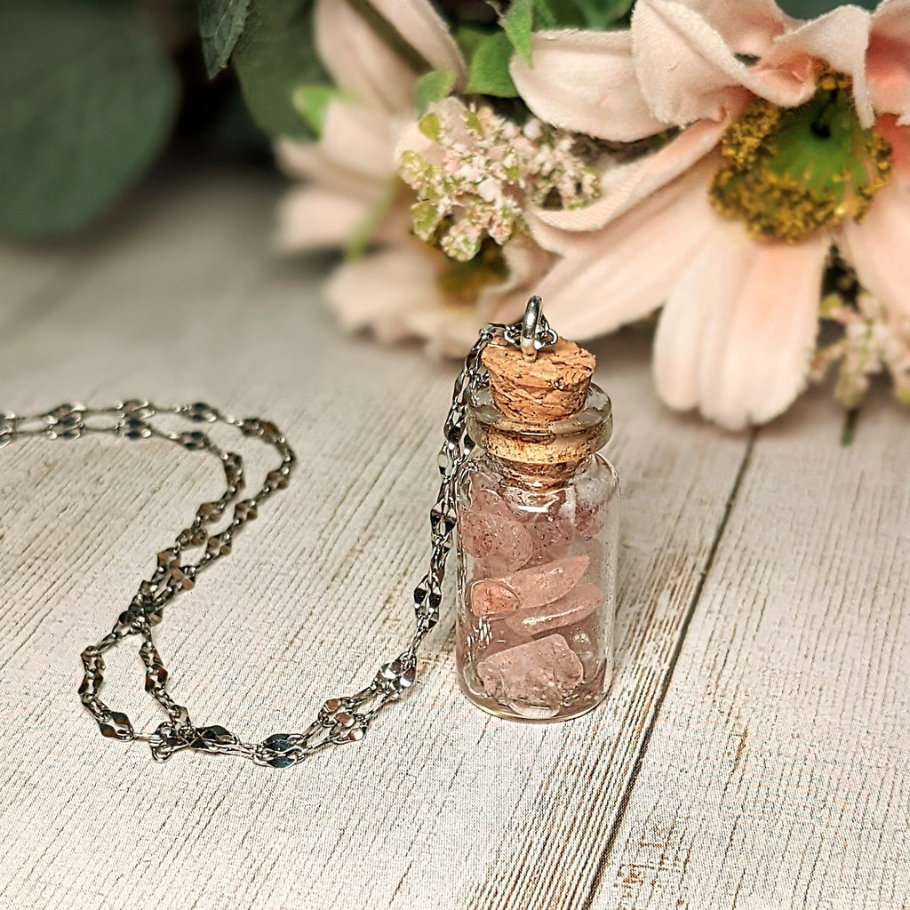 Strawberry Quartz Gemstone Bottle Necklace, 20 or 24 inch, Silver/Gold