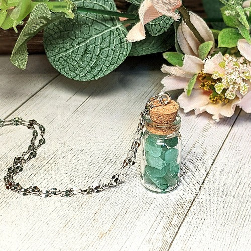 Adventurine Gemstone Bottle Necklace, 20 or 24 inch, Silver/Gold