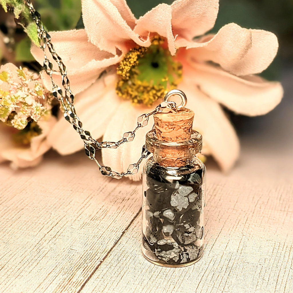 Snowflake Obsidian Gemstone Bottle Necklace, 20 or 24 inch, Silver/Gold