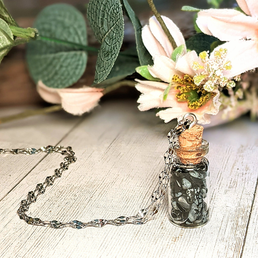 Snowflake Obsidian Gemstone Bottle Necklace, 20 or 24 inch, Silver/Gold