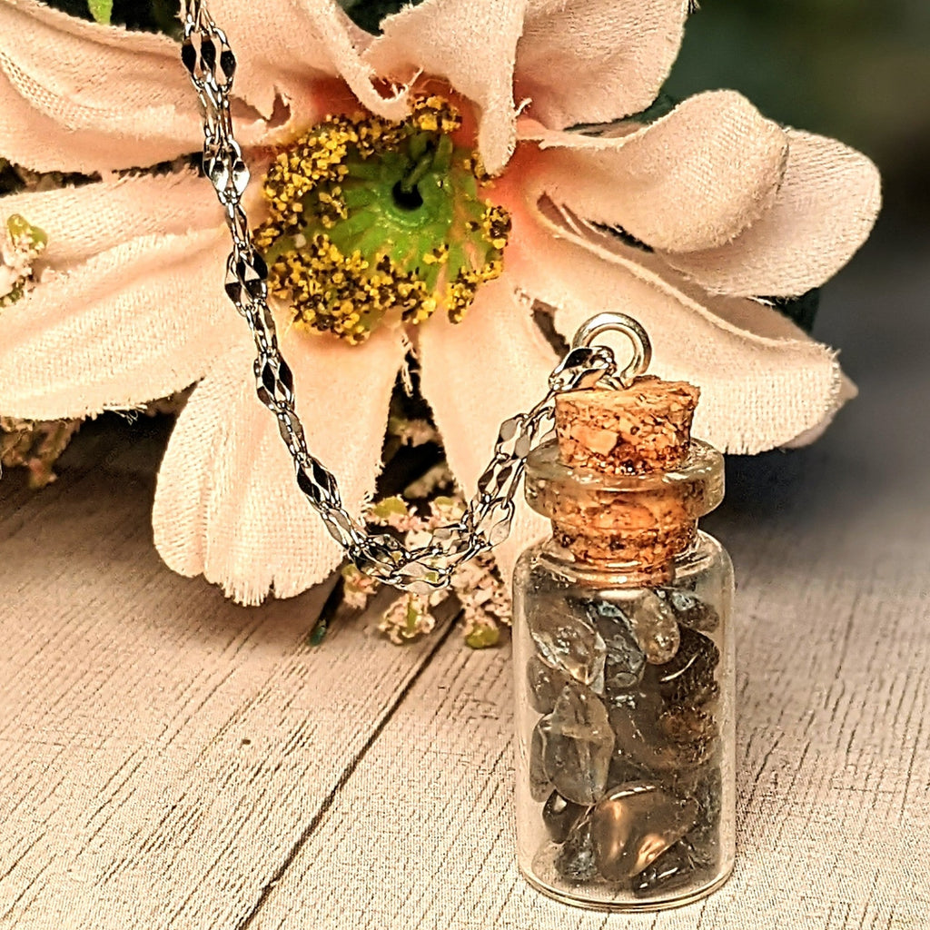 Smokey Quartz Gemstone Bottle Necklace, 20 or 24 inch, Silver/Gold