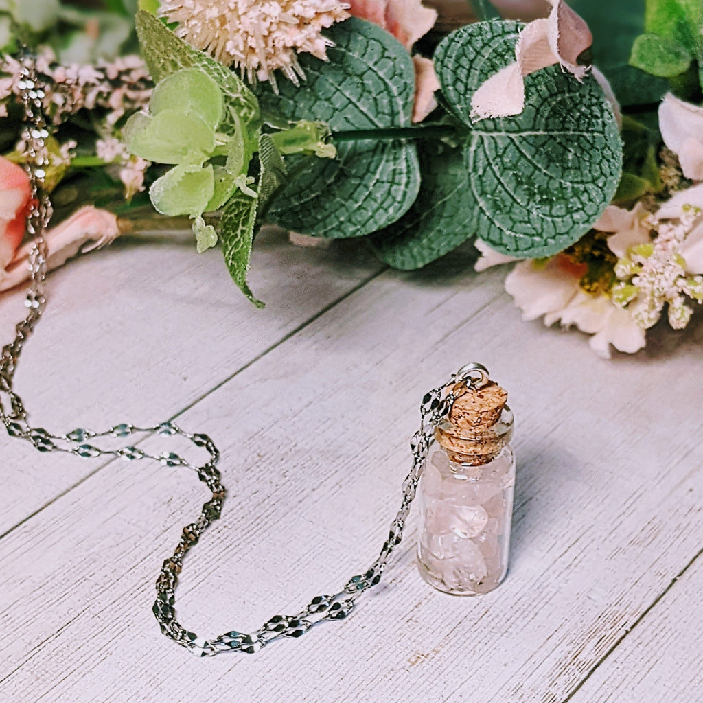 Rose Quartz Gemstone Bottle Necklace, 20 or 24 inch, Silver/Gold