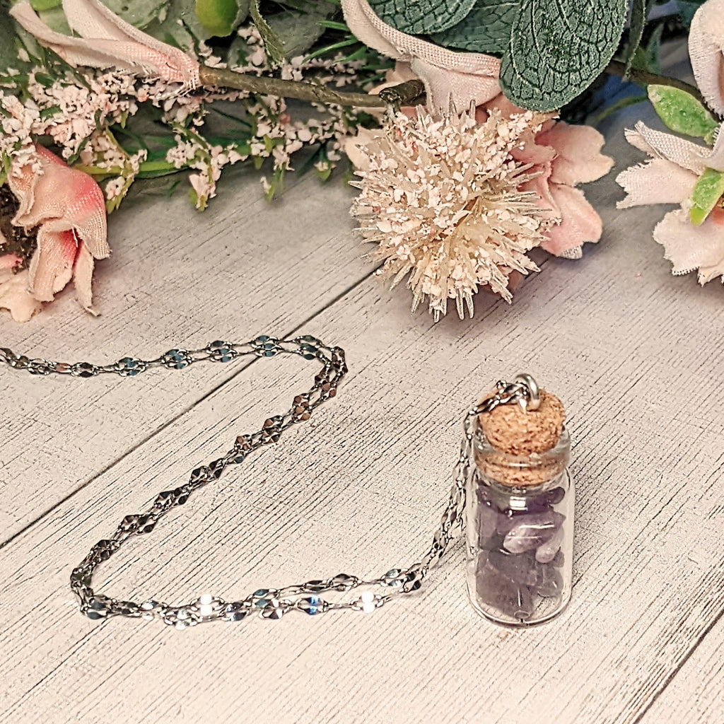 Amethyst Gemstone Aquarius Bottle Necklace, 20 or 24 inch, Silver/Gold
