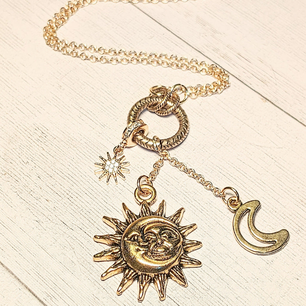 Gold Celestial Sun Moon charm cluster lariat necklace, 18 - 24 inches