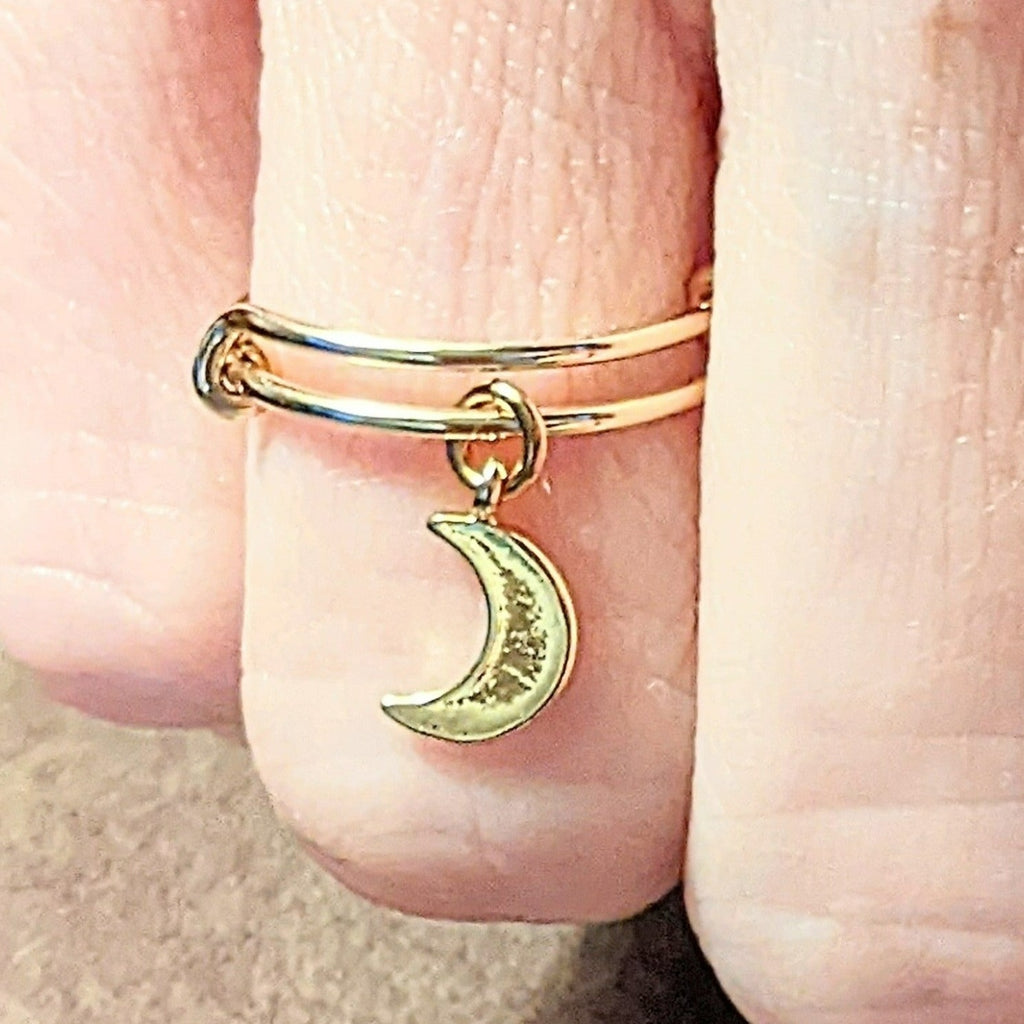 Gold Crescent Moon Expandable Charm Ring, Adjustable Gold charm dangle ring