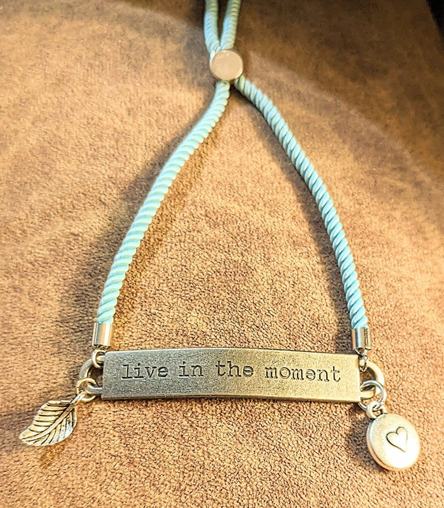 Live in the Moment, Inspirational Quote Twisted rope bolo Bracelet
