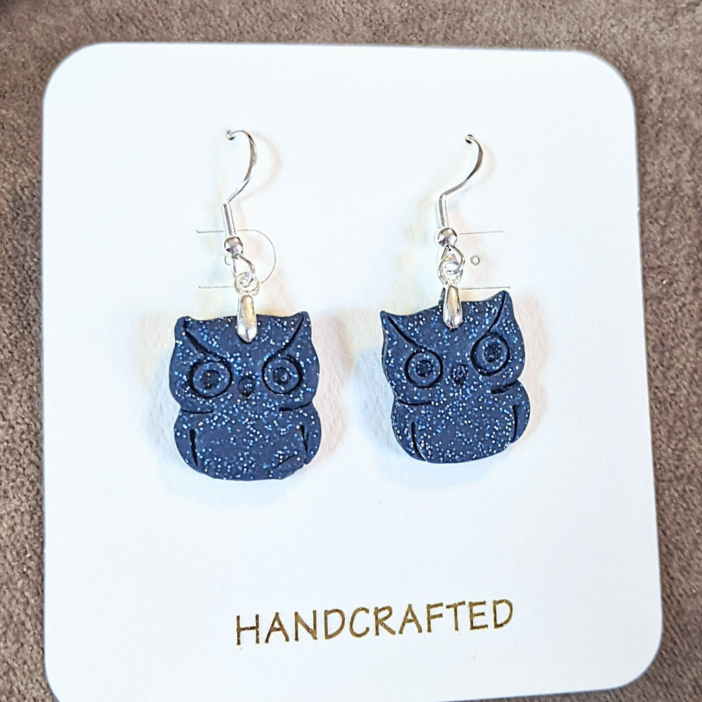 Sparkly Owl Clay hook earrings, Gold or Silver