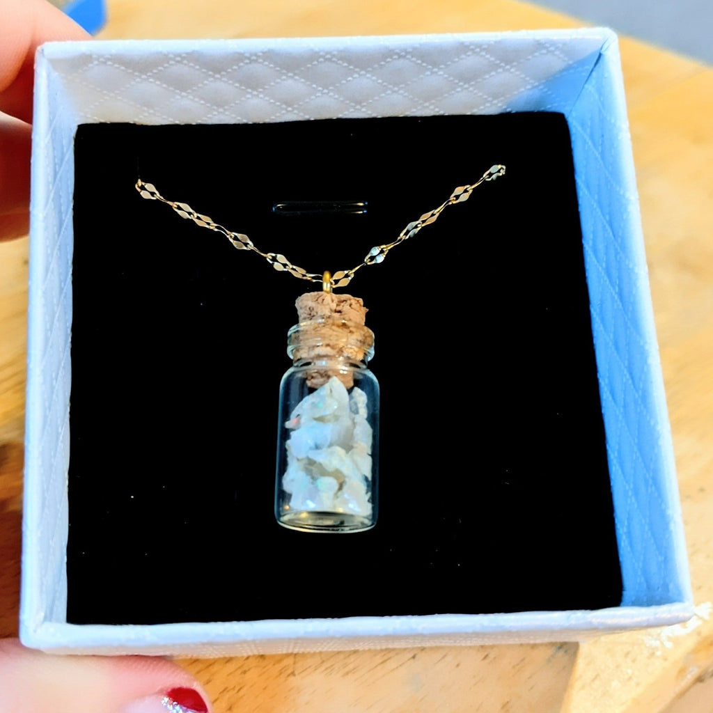 Opal Gemstone Libra Bottle Necklace, 20 or 24 inch, Silver/Gold Gold