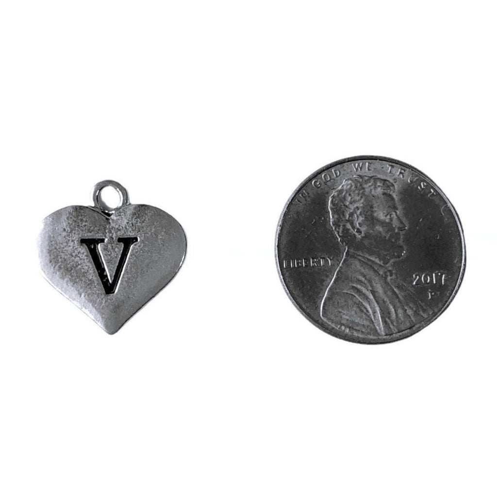 Silver Heart Initial Charm - Letter V