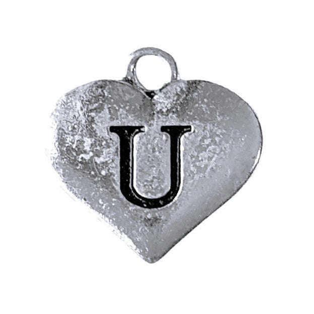 Silver Heart Initial Charm - Letter U