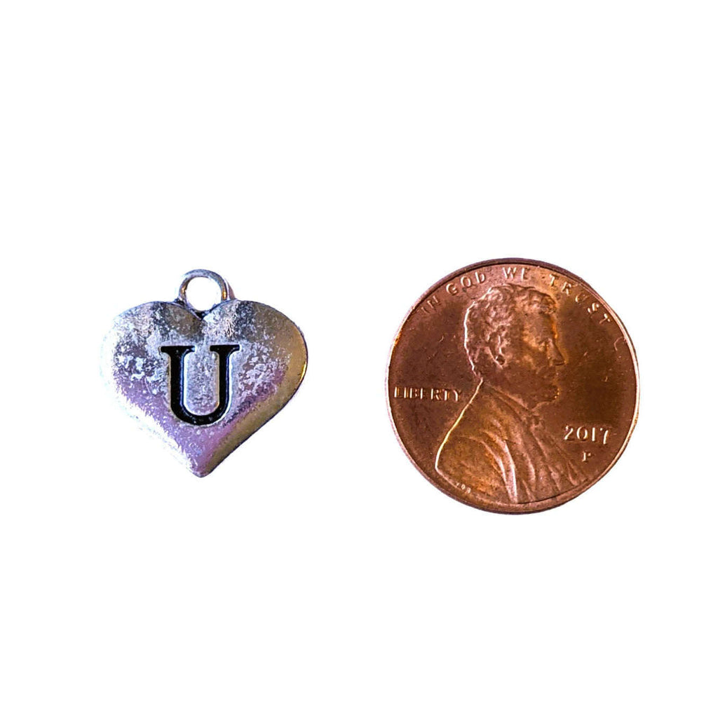 Silver Heart Initial Charm - Letter U