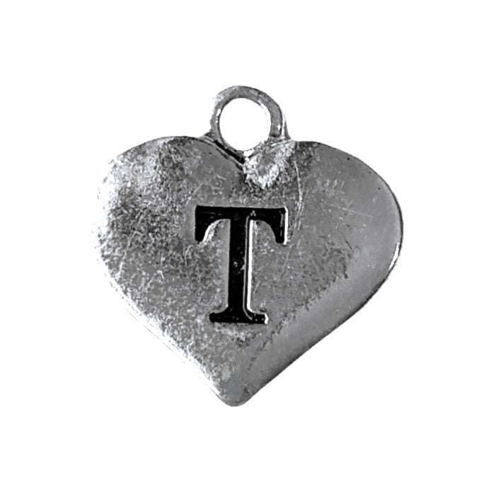 Silver Heart Initial Charm - Letter T