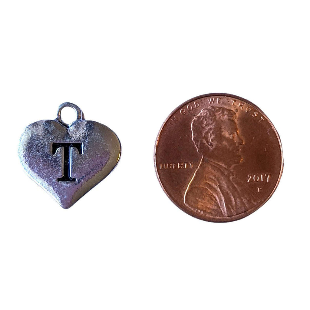 Silver Heart Initial Charm - Letter T