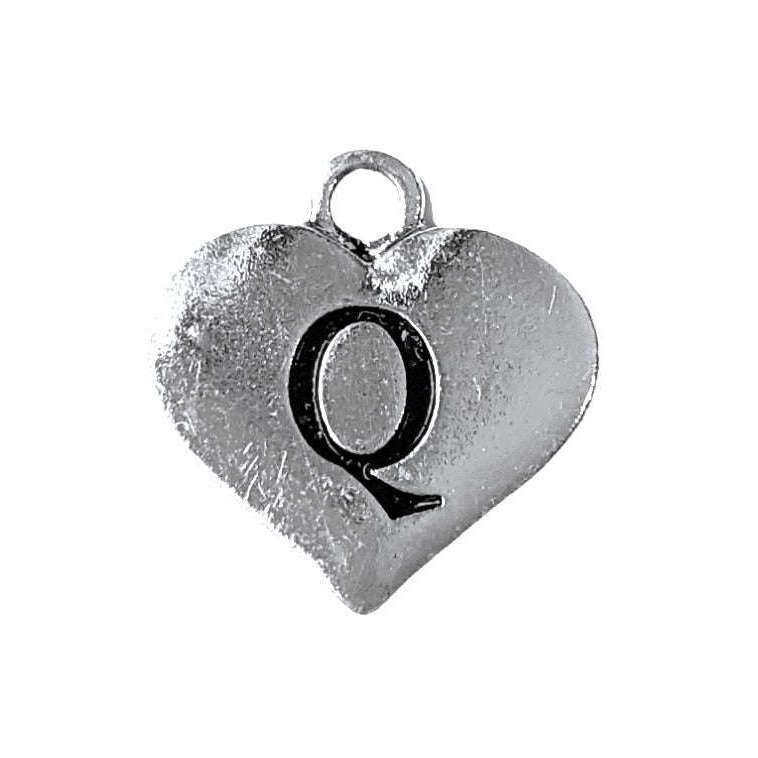 Silver Heart Initial Charm - Letter Q