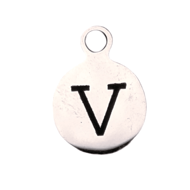 Silver Round Initial Charm - Letter V
