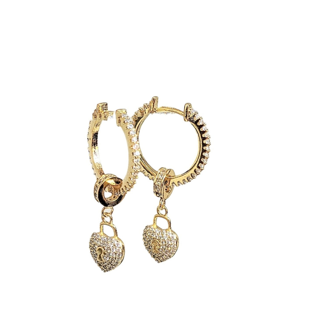 Gold CZ Heart Lock Huggie Hoop earrings, 20mm Hoop Drop