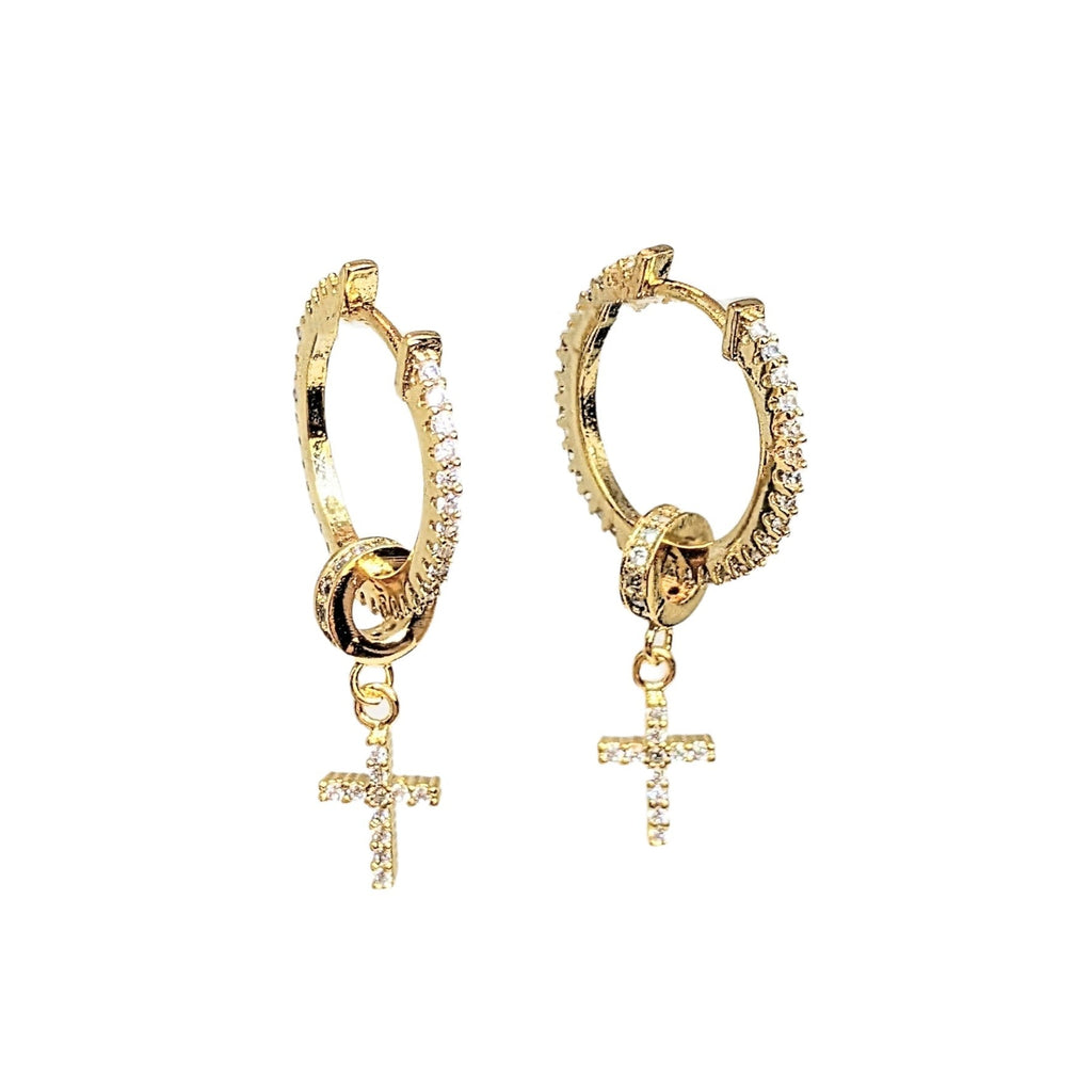 Gold Cross CZ Huggie Hoop earrings, 20mm Hoop Drop