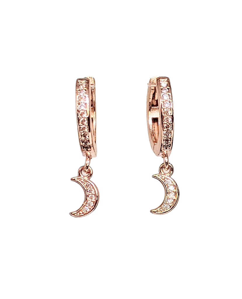 Rose-Gold CZ Crescent Moon Hoop earrings, 15mm Hoop Drop