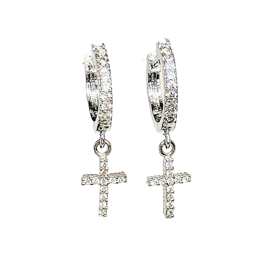 Silver Cross CZ Huggie Hoop earrings, 15mm Hoop Drop