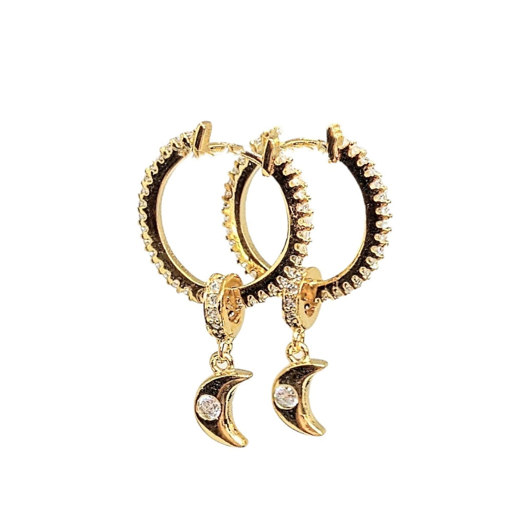 Gold Crescent Moon CZ Huggie Hoop earrings, 20mm Hoop Drop