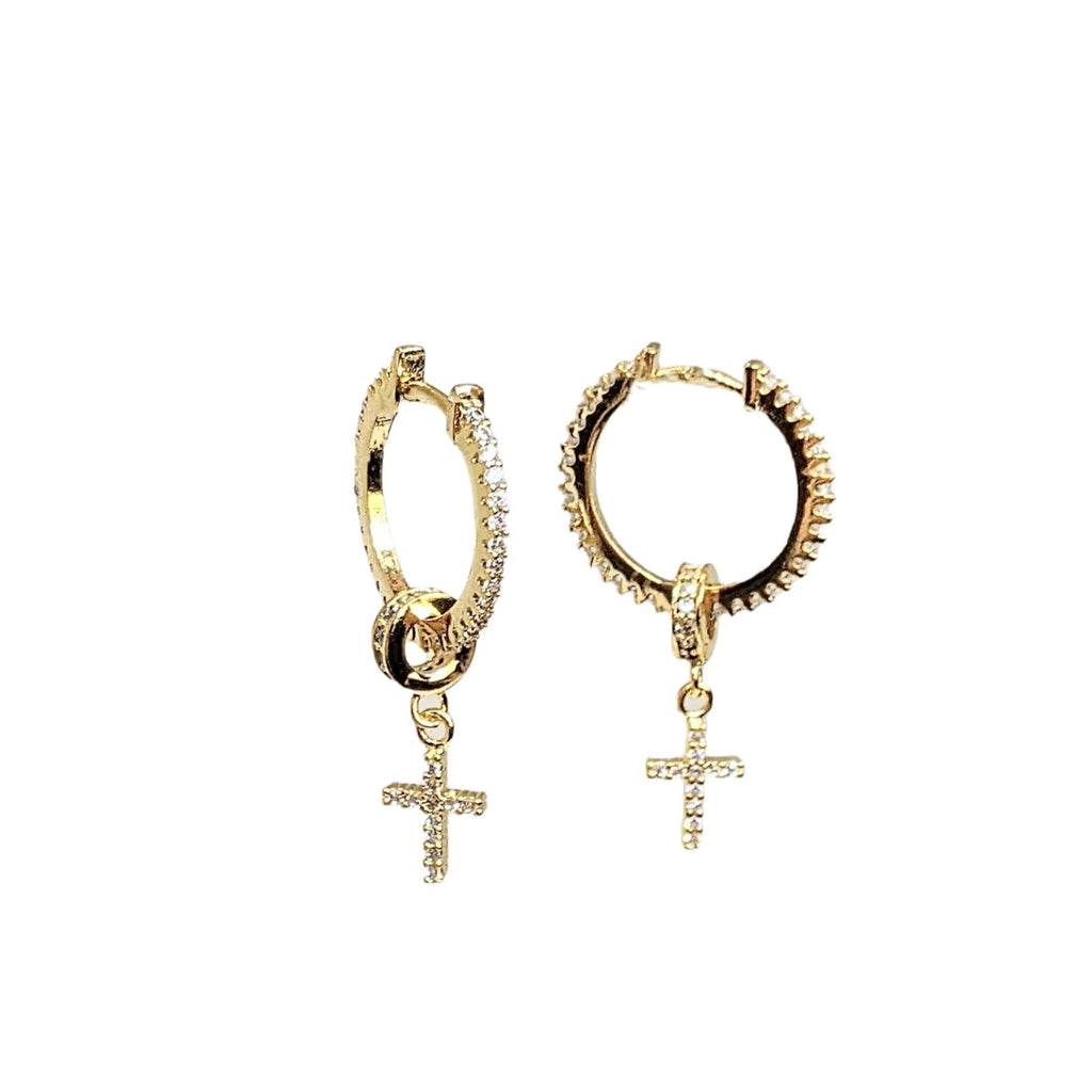Gold Cross CZ Huggie Hoop earrings, 20mm Hoop Drop