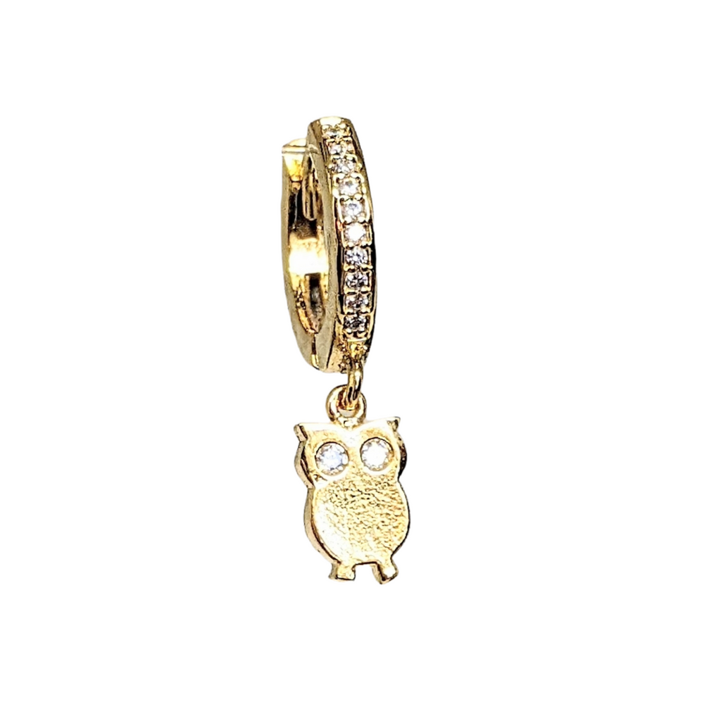 Gold Owl CZ Huggie Hoop earrings, 15mm Hoop Drop