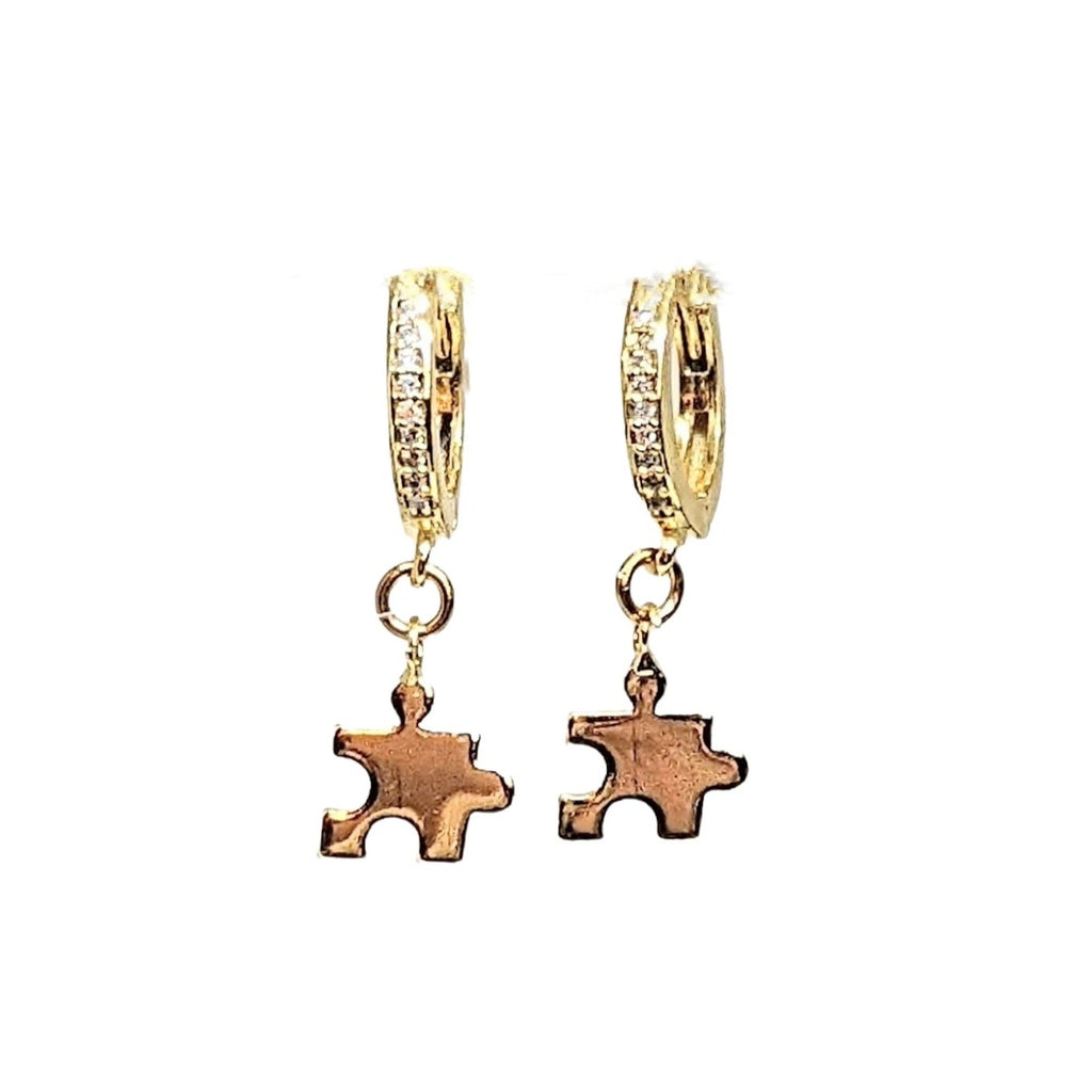 Gold Puzzle Piece CZ Huggie Hoop earrings, 15mm Hoop Drop