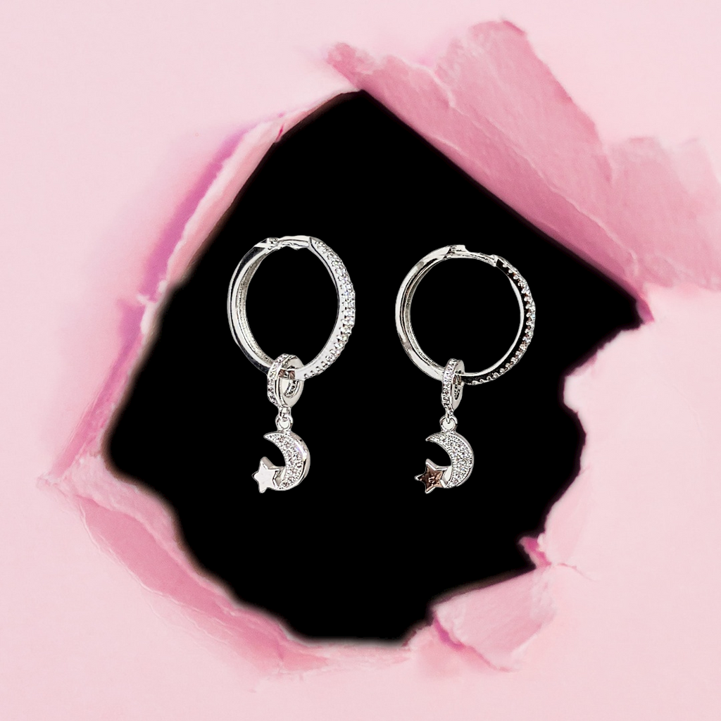 Silver Crescent Moon CZ Huggie Hoop earrings, 20mm Hoop Drop